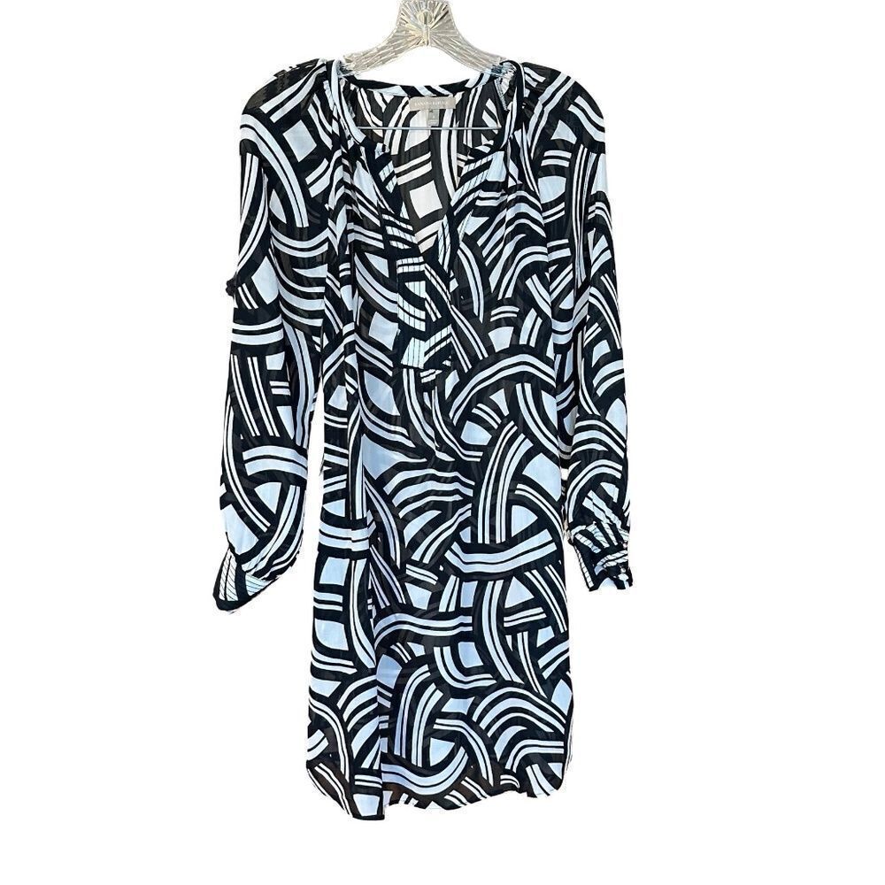 Banana Republic Black & White Long Sleeve Sheer Belted Dress Size 6